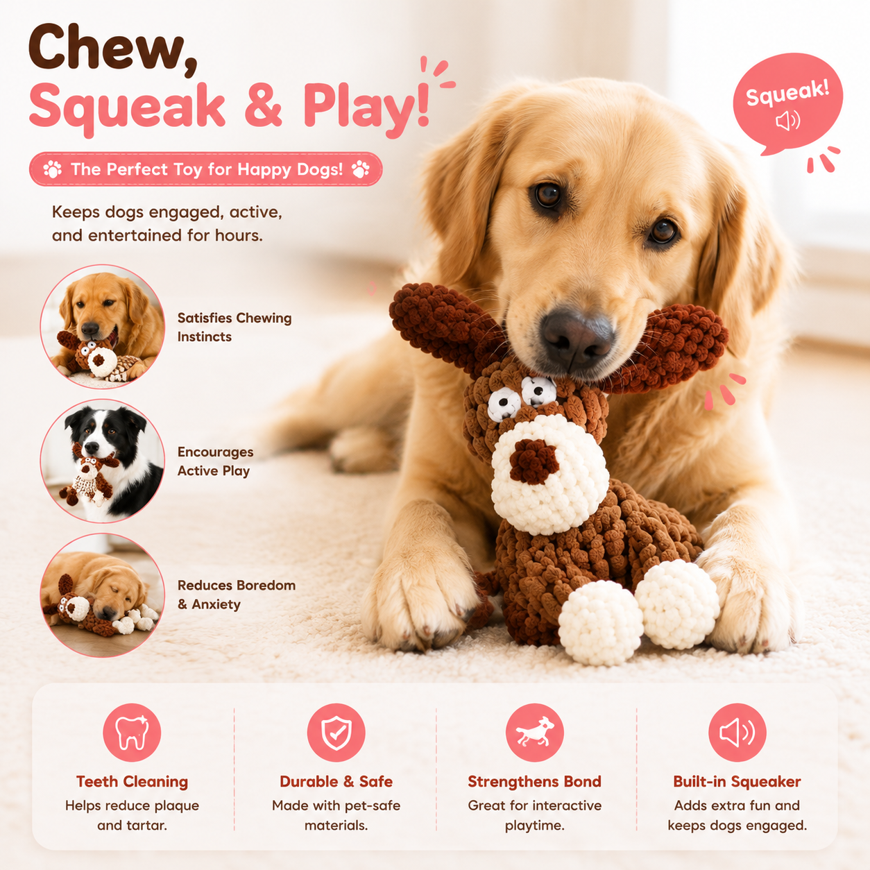 Cute Plush Rope Dog Toy – Soft, Durable & Squeaky Chew Fun!