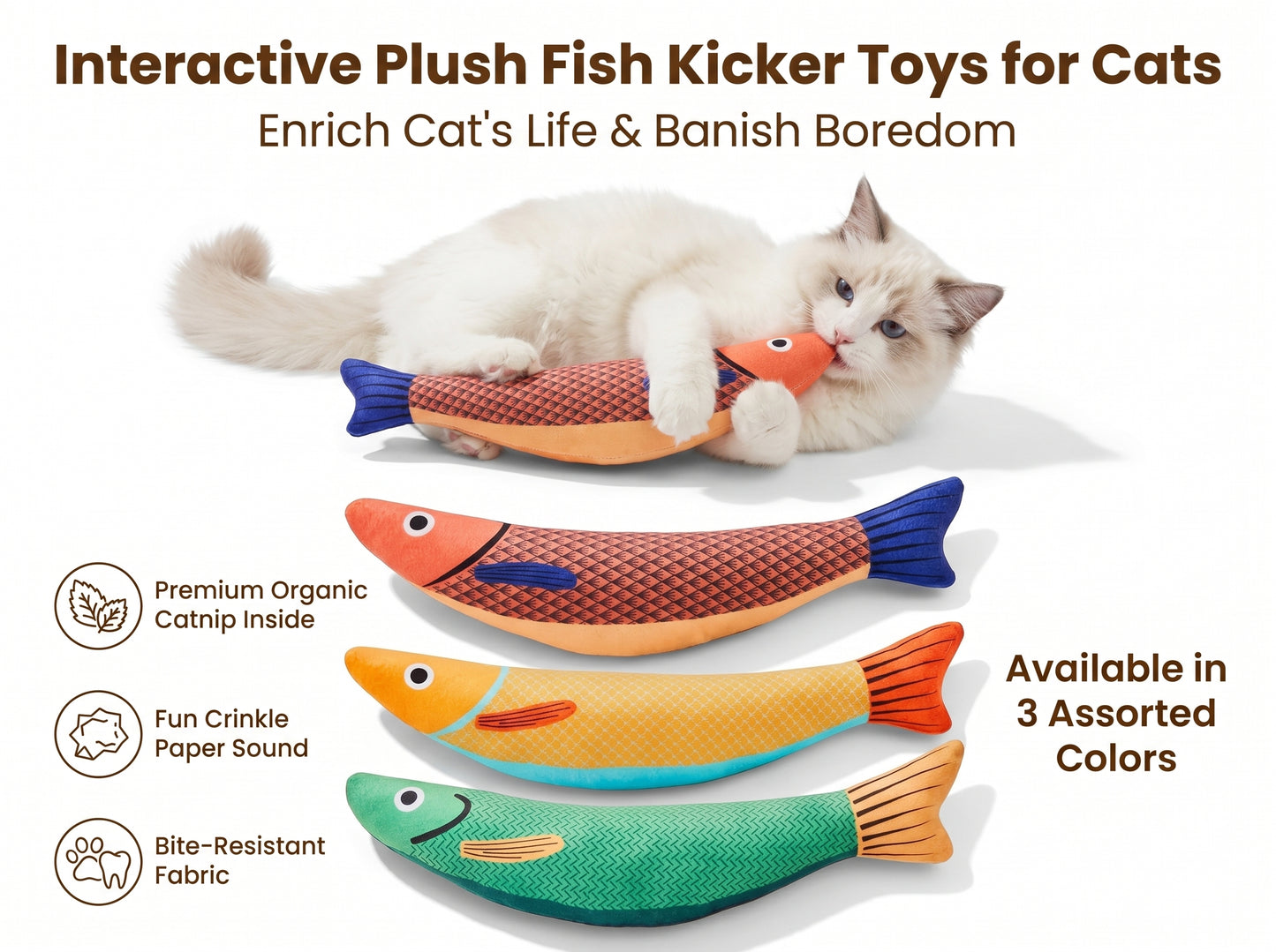 Interactive Plush Fish Cat Toy with Organic Catnip & Crinkle Paper - Bite-Resistant Kicking Toy for Indoor Cats (3 Colors)