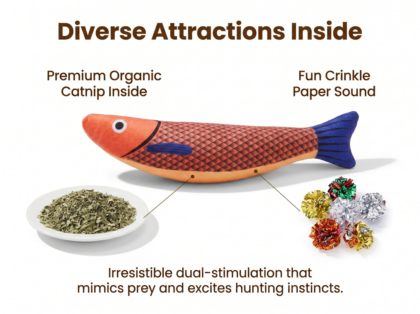 Interactive Plush Fish Cat Toy with Organic Catnip & Crinkle Paper - Bite-Resistant Kicking Toy for Indoor Cats (3 Colors)