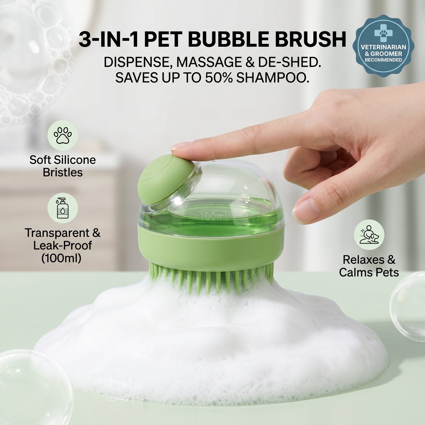 Turn bath time into a relaxing pet spa! Veterinarian-recommended, one-touch foam dispenser saves up to 50% on shampoo while gently deep-cleaning and de-shedding.